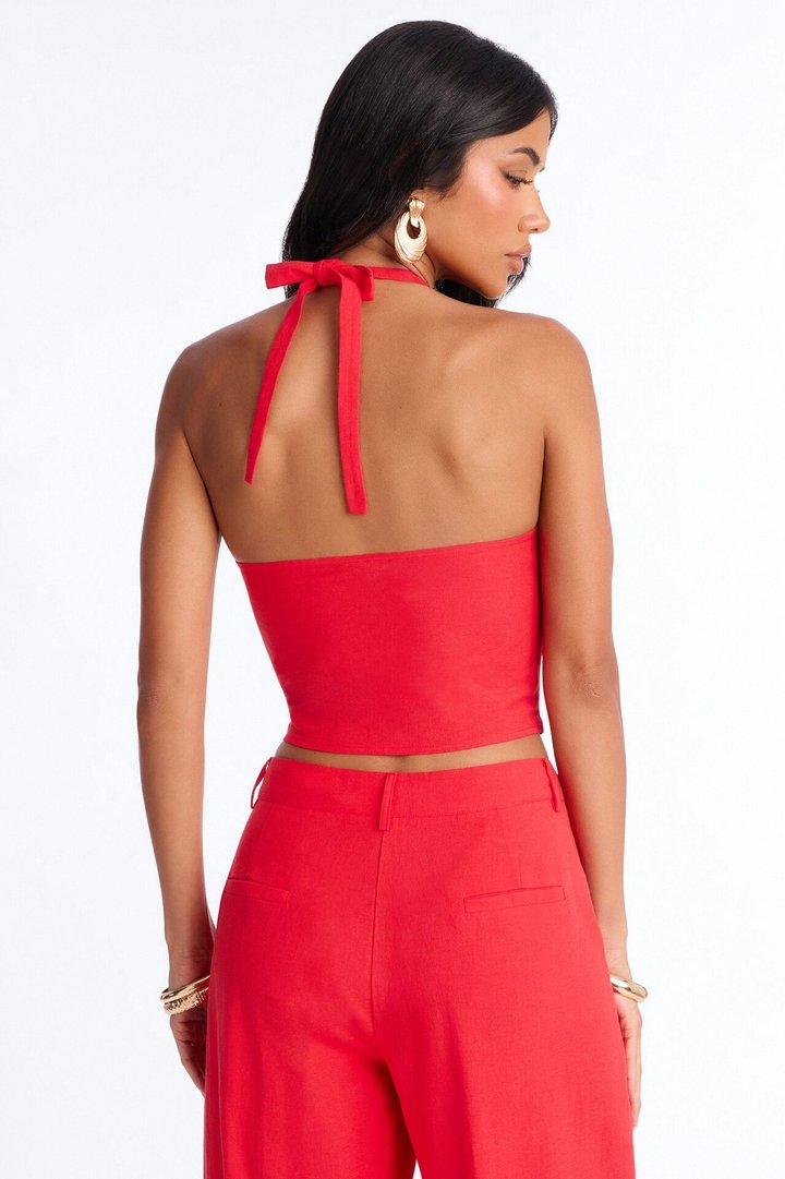 Ocean Breeze Linen Backless Halter Top - Tomato Red