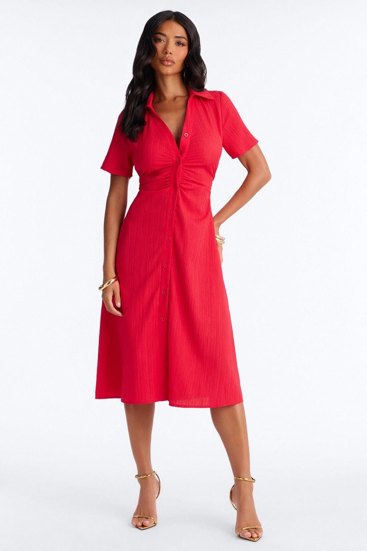 Carmen Ruched Shirt Midi Dress - Red