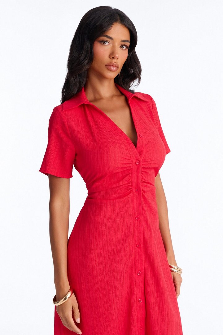 Carmen Ruched Shirt Midi Dress - Red
