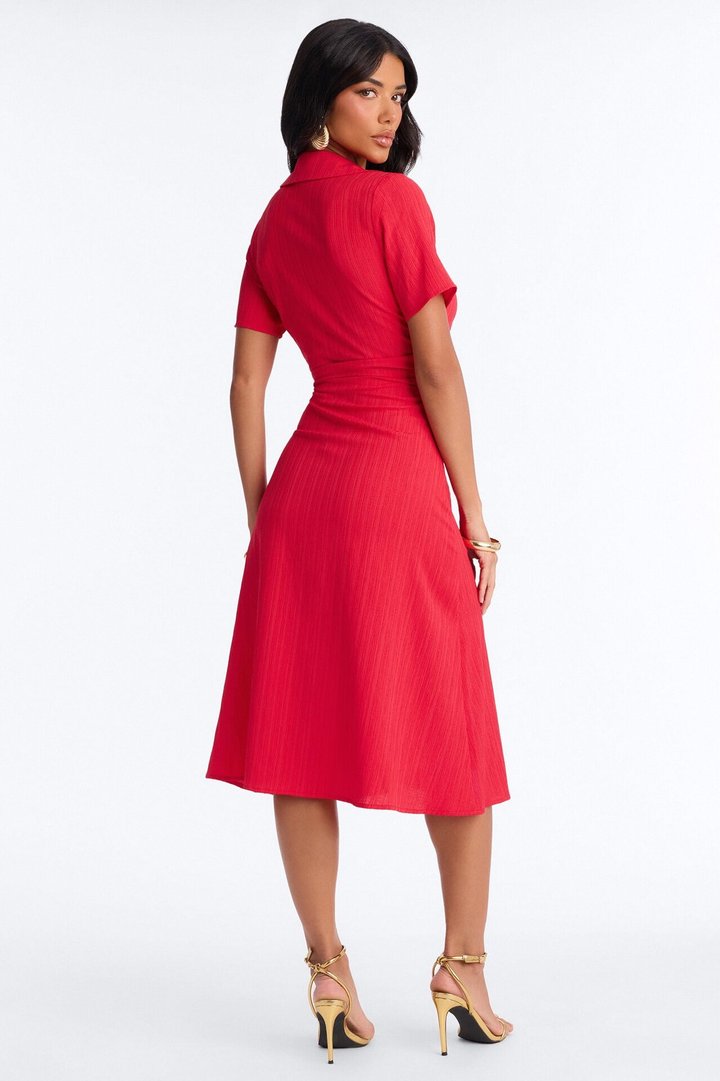 Carmen Ruched Shirt Midi Dress - Red
