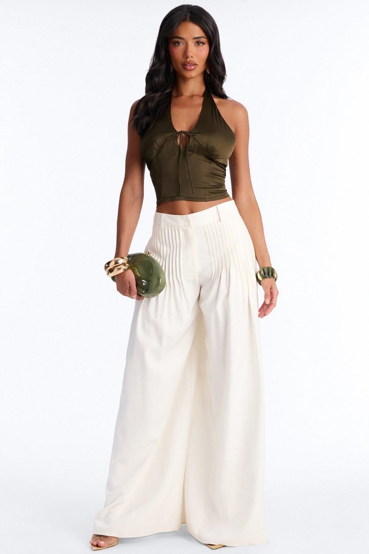 Midnight Mischief Tie Front Satin Halter Top - Dark Olive