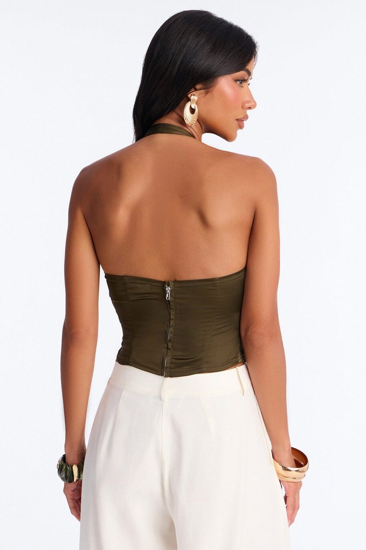 Midnight Mischief Tie Front Satin Halter Top - Dark Olive
