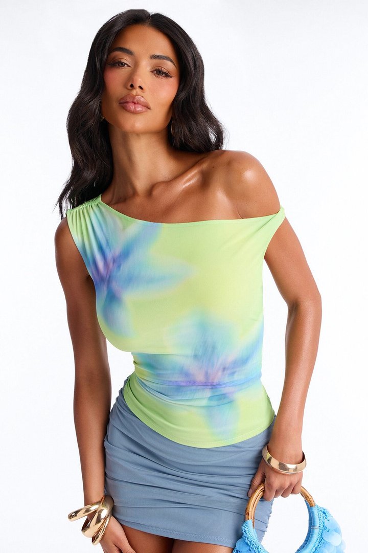 Paradise Petals Off Shoulder Short Sleeve Top - Green/combo