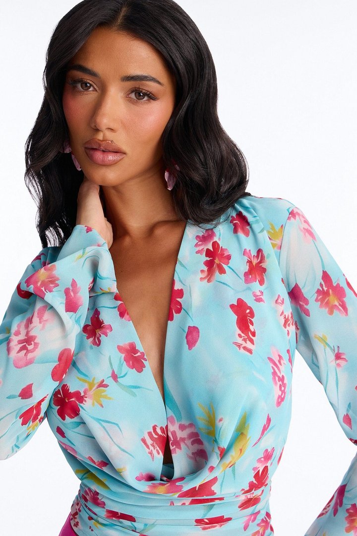 Chloe Cowl Neck Floral Chiffon Blouse - Blue/combo