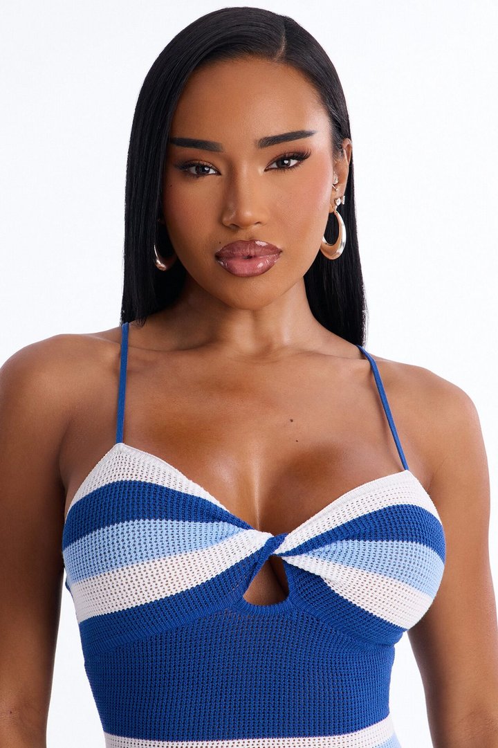 Drift Away With Me Striped Crochet Micro Mini Dress - Blue/combo