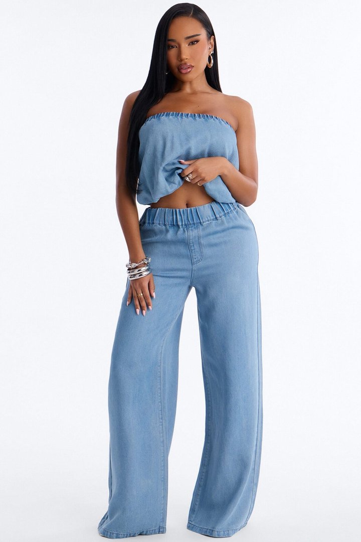 Celeste Chambray Strapless Pant Set - Light Wash