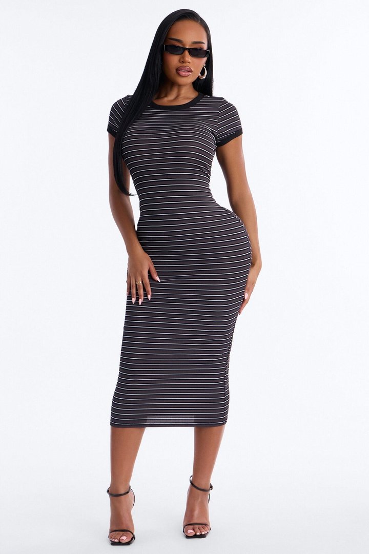 Aliana Striped Ribbed Midi Dress - Black/combo
