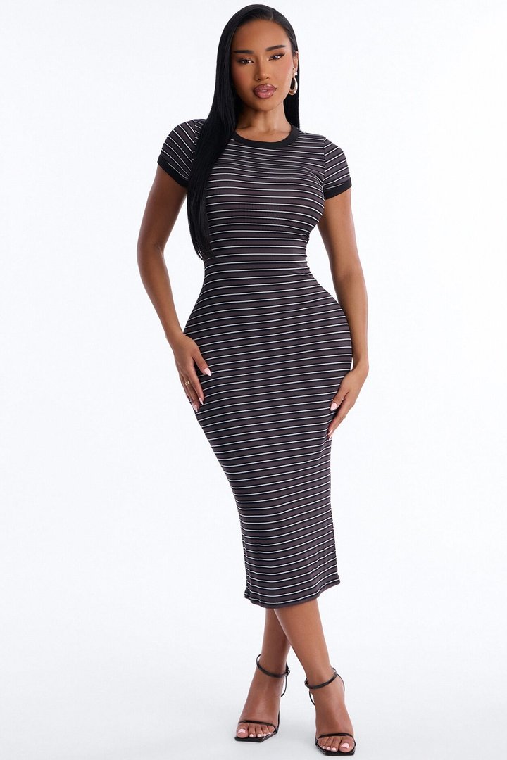 Aliana Striped Ribbed Midi Dress - Black/combo