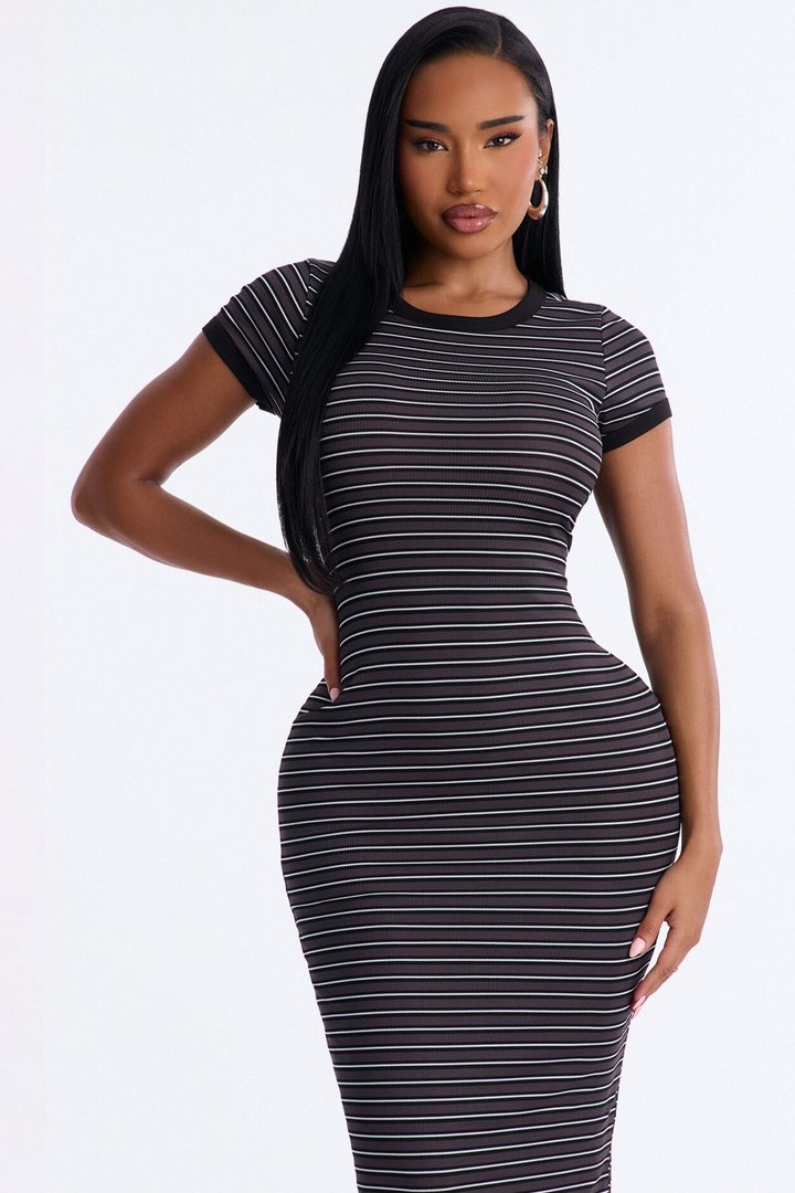 Aliana Striped Ribbed Midi Dress - Black/combo