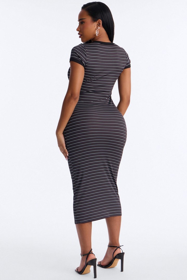 Aliana Striped Ribbed Midi Dress - Black/combo