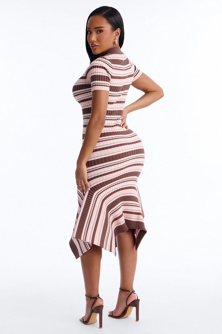 Rare Catch Ribbed Striped Midi Dress - Mocha/combo