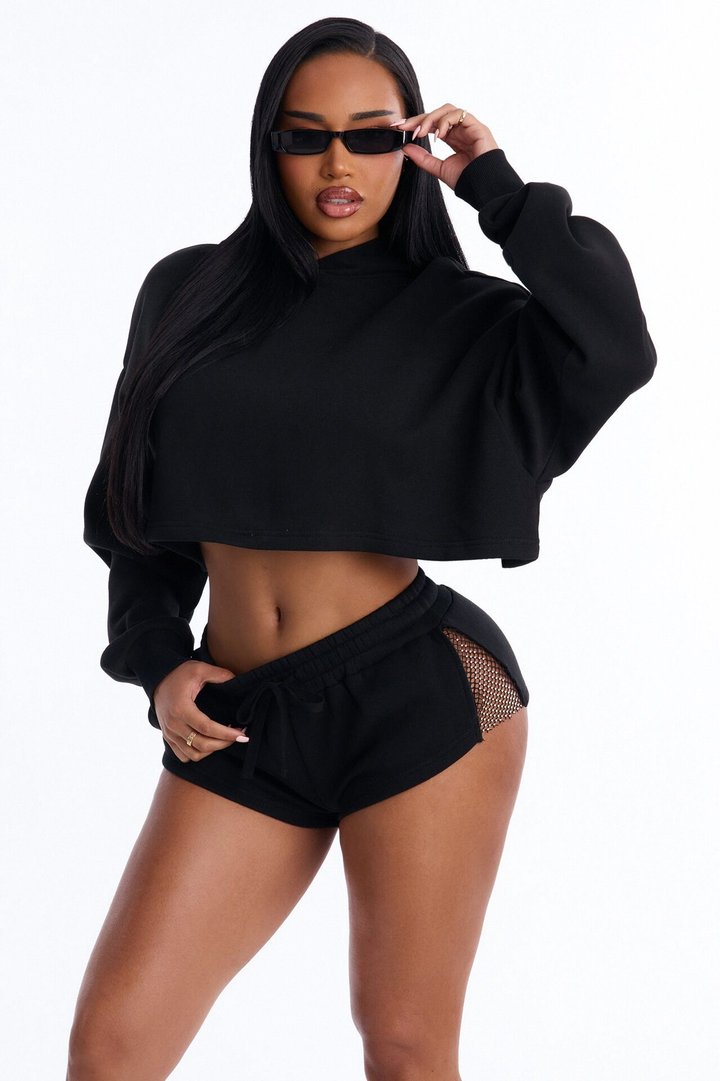 Midnight Sparkle Rhinestone Fleece Short Set - Black