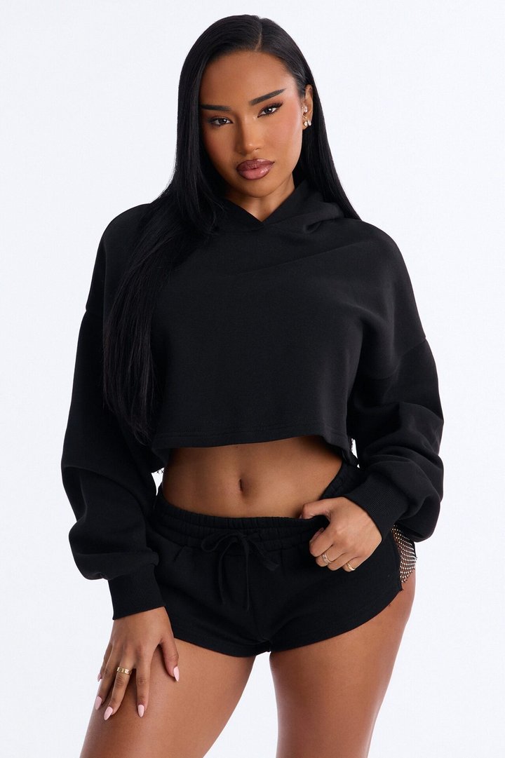 Midnight Sparkle Rhinestone Fleece Short Set - Black