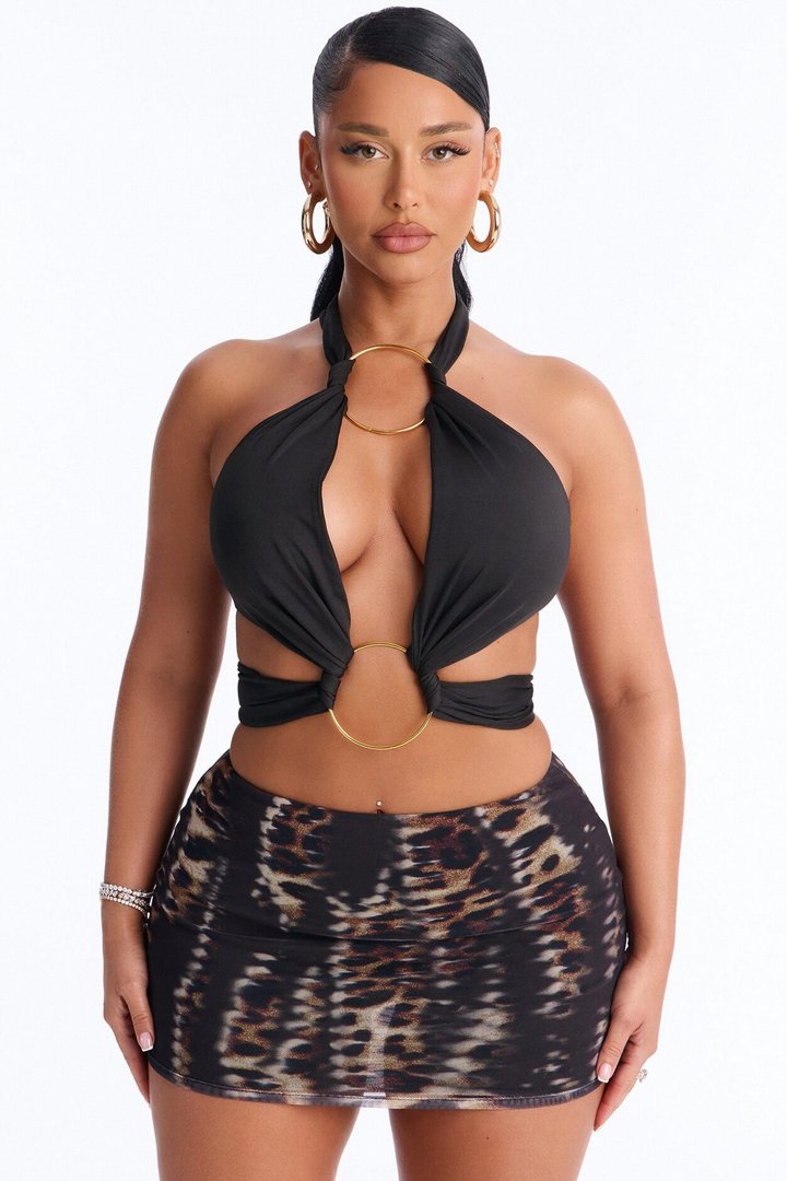 Ibizia Baddie Twist Cut Out Hardware Halter Top - Black