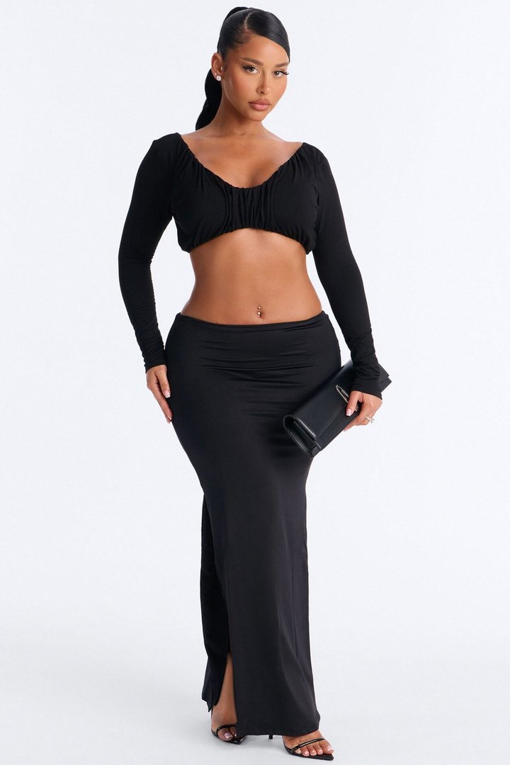 Skye Ruched Scoop Neck Long Sleeve Crop Top - Black