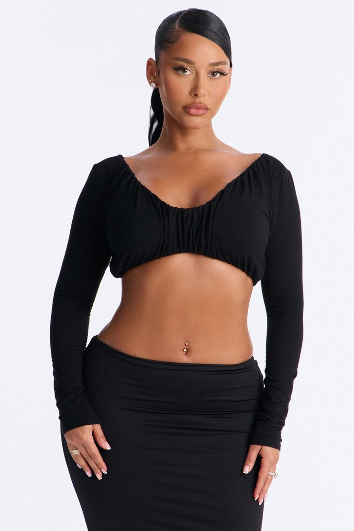 Skye Ruched Scoop Neck Long Sleeve Crop Top - Black
