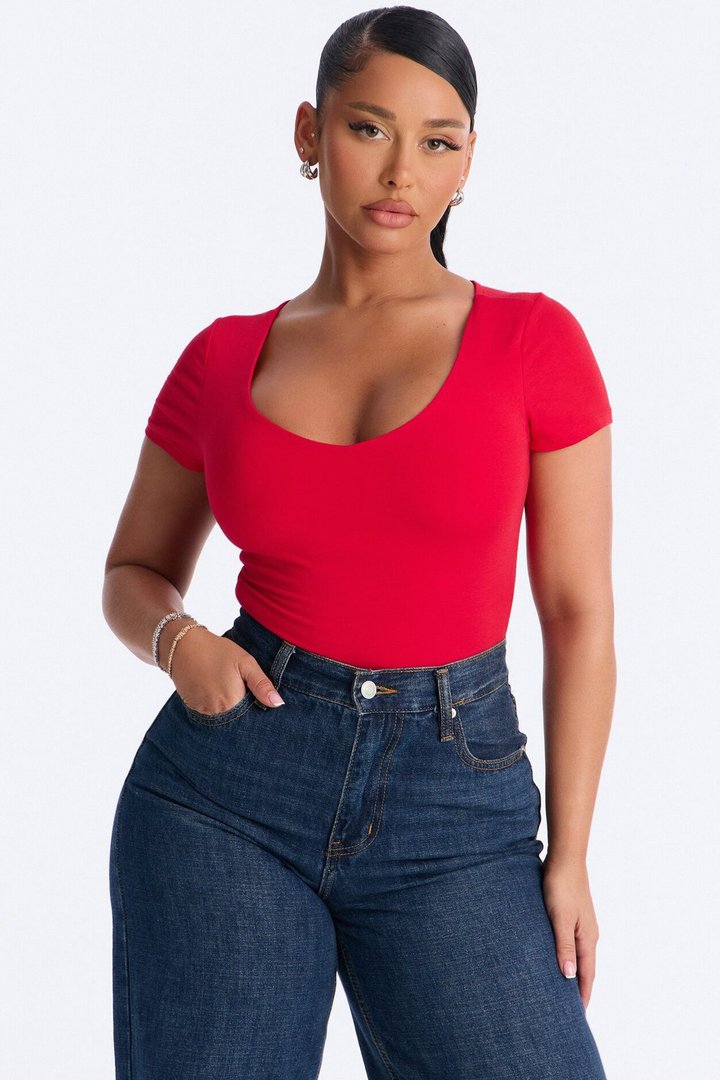 Marion Double Lined V Neck Bodysuit - Red