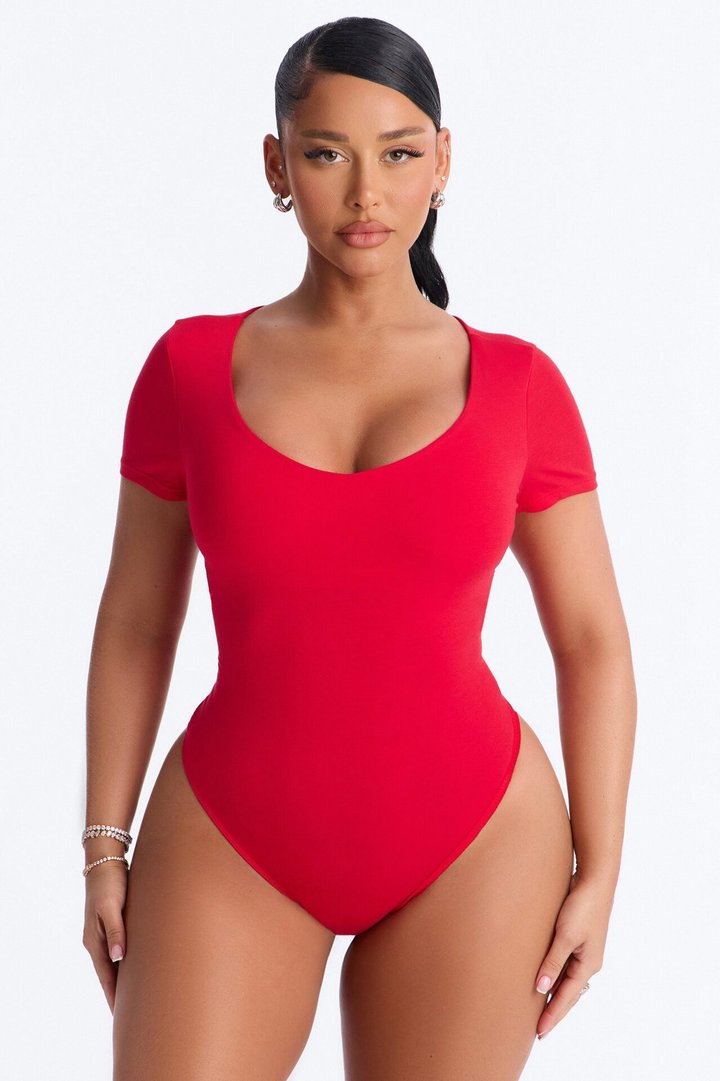 Marion Double Lined V Neck Bodysuit - Red
