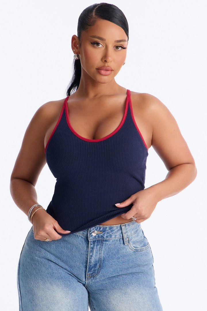 Boat Days Ribbed Padded Scoop Neck Tank Top - Navy/combo