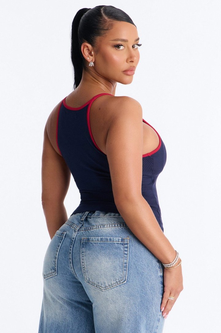 Boat Days Ribbed Padded Scoop Neck Tank Top - Navy/combo