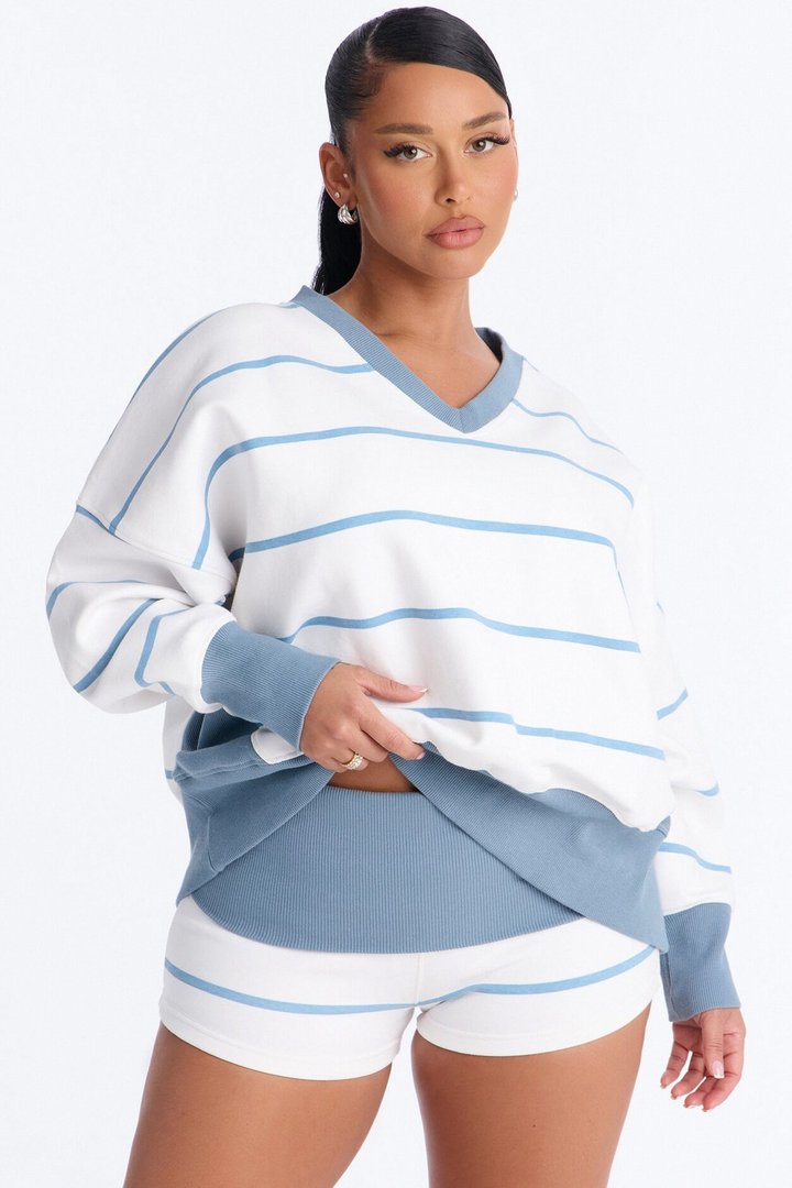 Ellie Striped Fold Over Micro Short Set - White/Blue