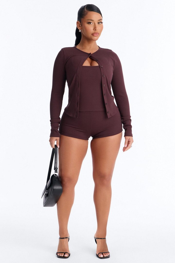 Rachel Ribbed Micro Mini Short Set - Chocolate