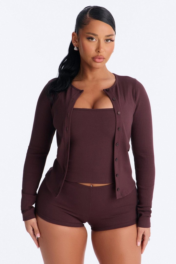 Rachel Ribbed Micro Mini Short Set - Chocolate