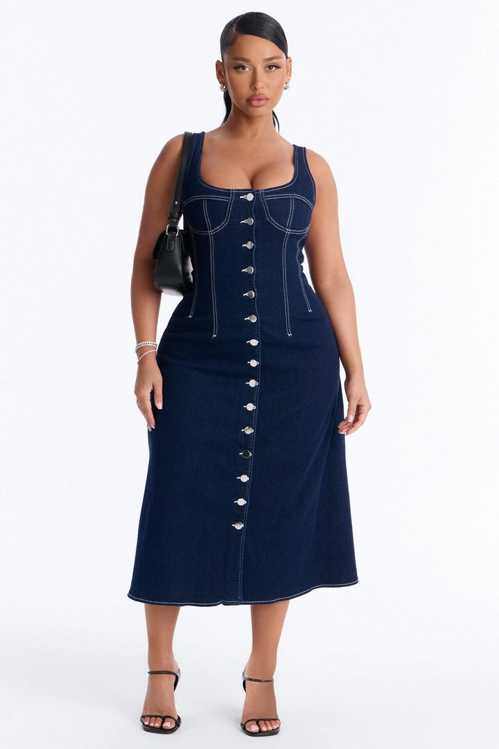 Maelyn Denim Midi Dress - Dark Wash
