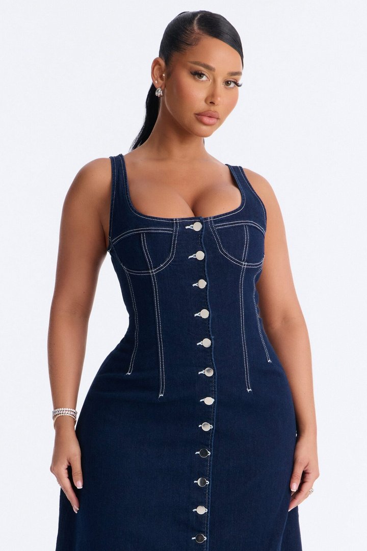 Maelyn Denim Midi Dress - Dark Wash