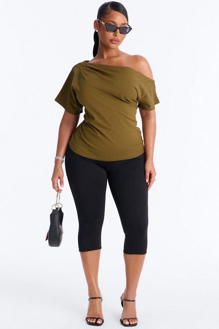 City Lounge Off Shoulder Short Sleeve T-Shirt - Olive