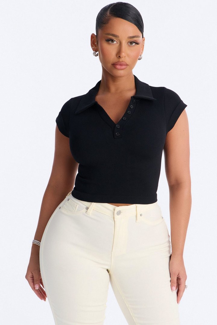 Camila Cap Sleeve Basic Polo Top - Black