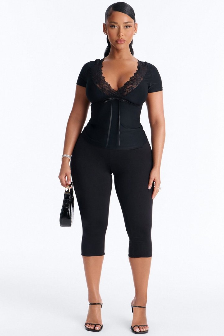 Bridget Lace Trim Short Sleeve Top - Black