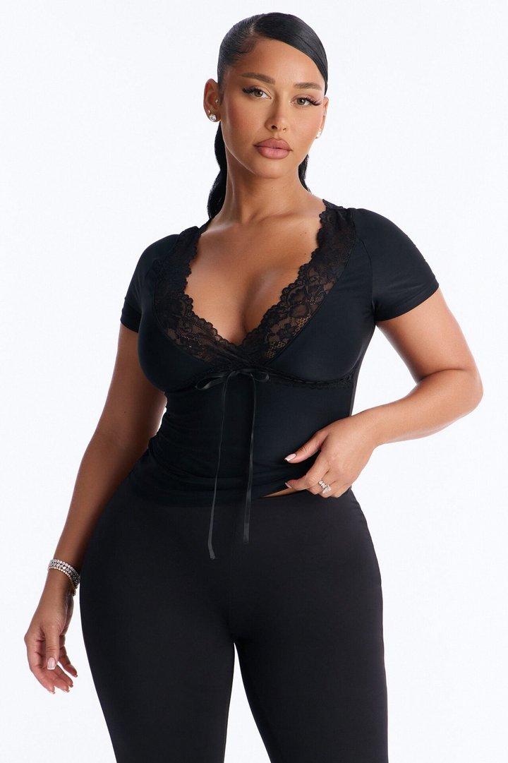 Bridget Lace Trim Short Sleeve Top - Black