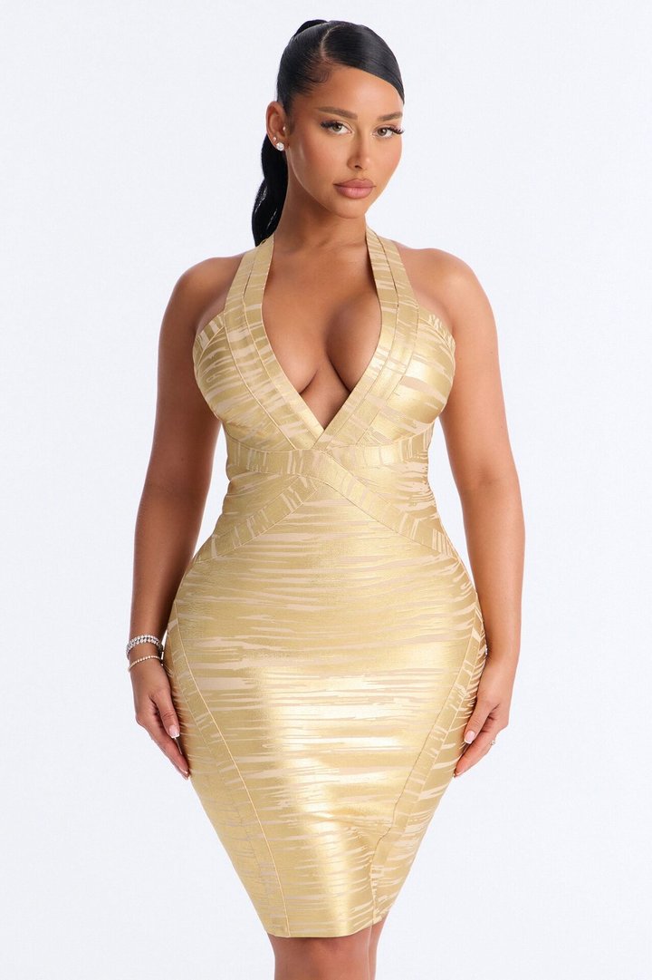 Shanaya Metallic Bandage Midi Dress - Gold