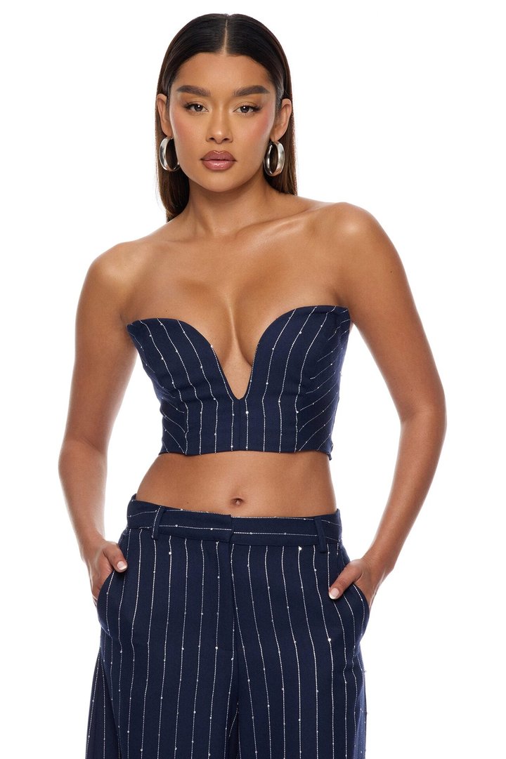 Adyson Embellished Pinstripe Bandeau Top - Navy/combo