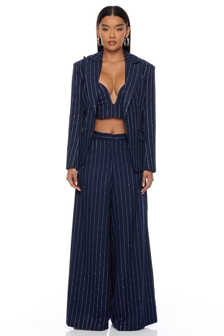 Adyson Embellished Pinstripe Wide Leg Pant - Navy/combo