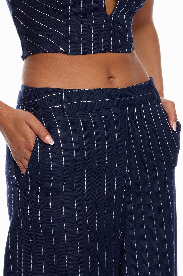 Adyson Embellished Pinstripe Wide Leg Pant - Navy/combo