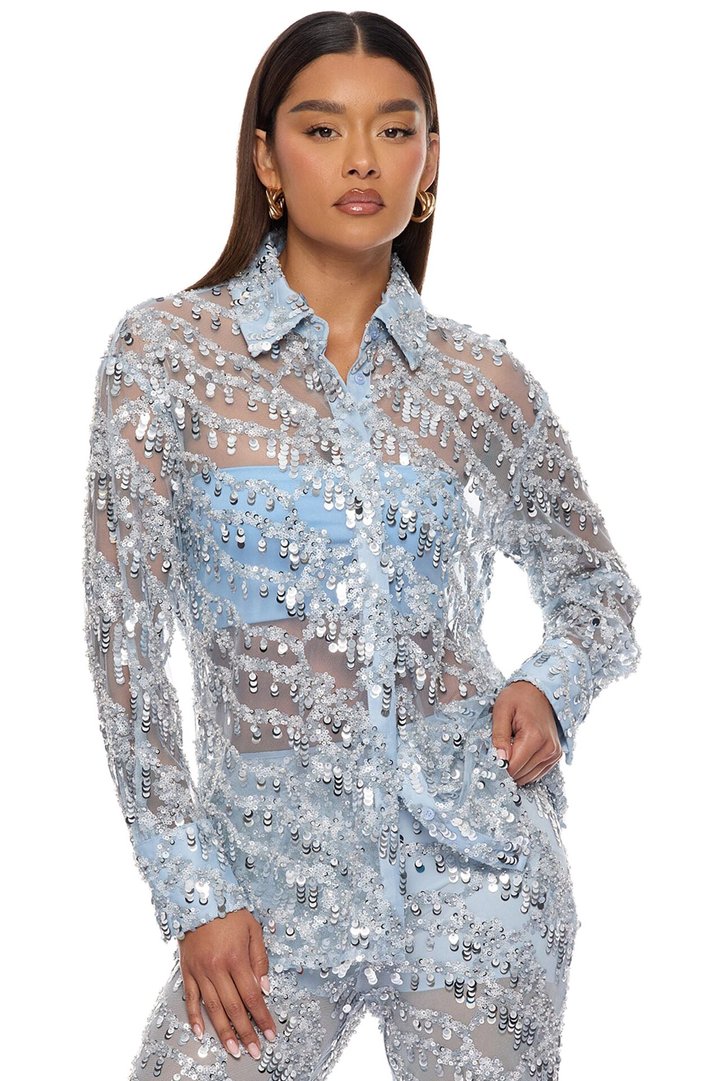 Zariah Sheer Sequin Top - Light Blue