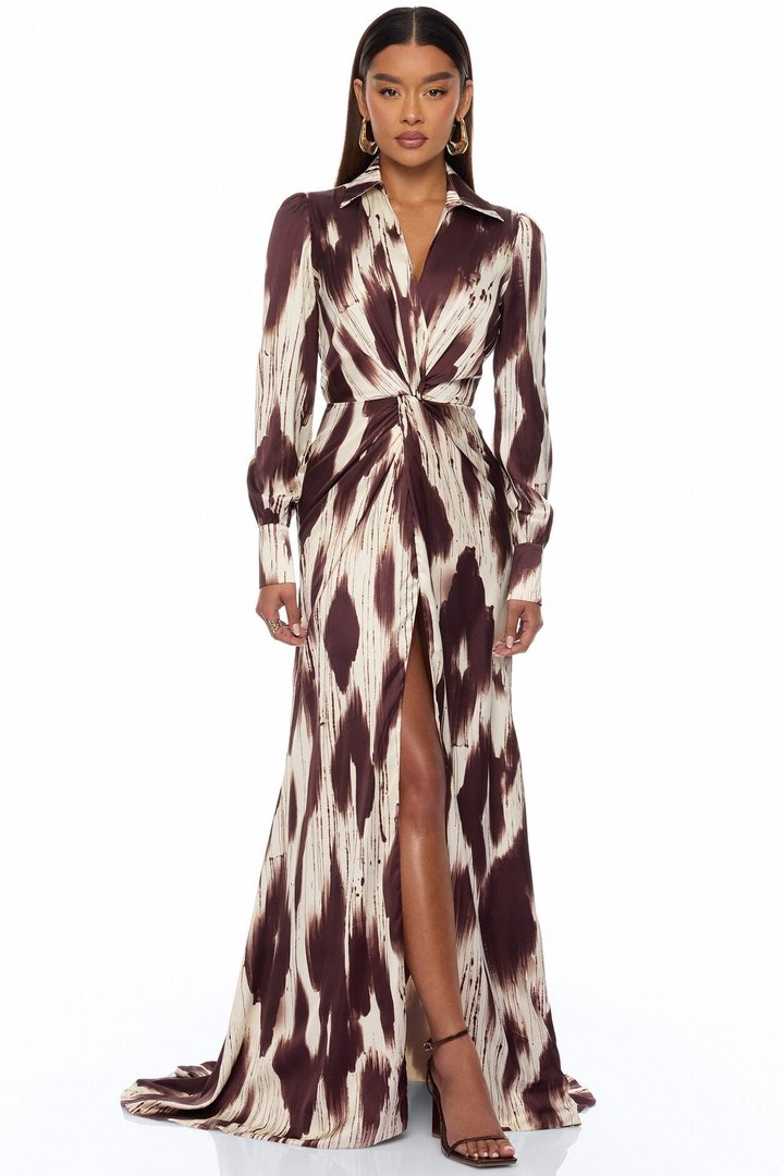 Sashira Collared Satin Maxi Dress - Brown/combo