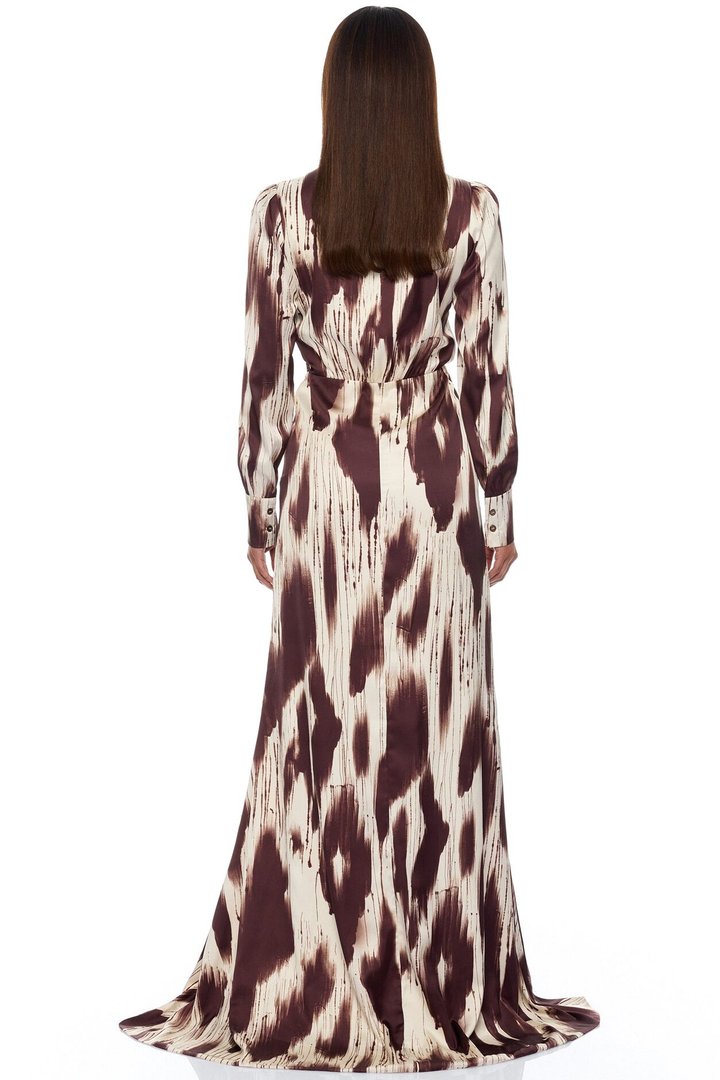 Sashira Collared Satin Maxi Dress - Brown/combo