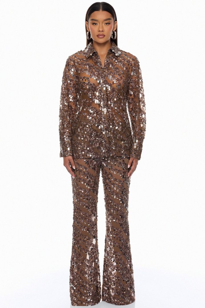 Zariah Sheer Sequin Top - Bronze