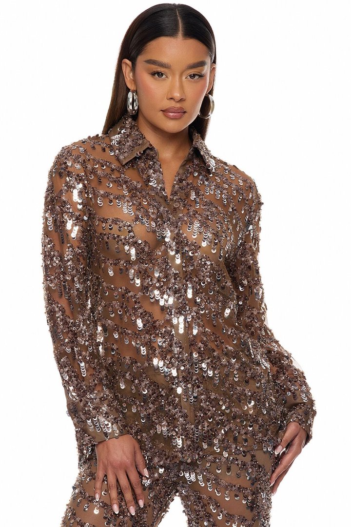 Zariah Sheer Sequin Top - Bronze