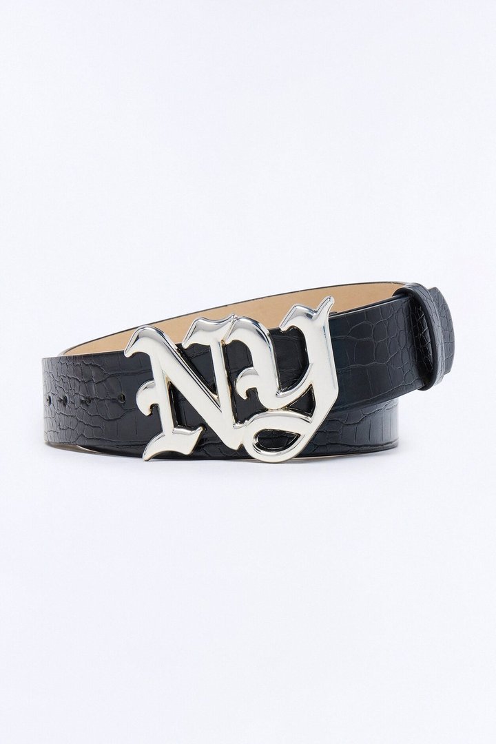 NY Initial Buckle Crocodile Embossed Faux Leather Belt - Black/combo