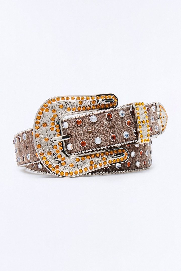 Rhinestone Embellished Faux Pony Hair Western Buckle Belt - Brown