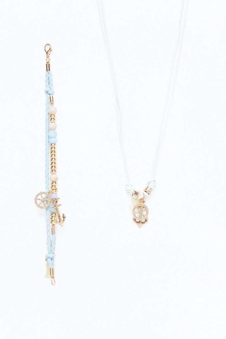 Anchor Faux Leather Cording Necklace And Bracelet Set - Blue/Gold