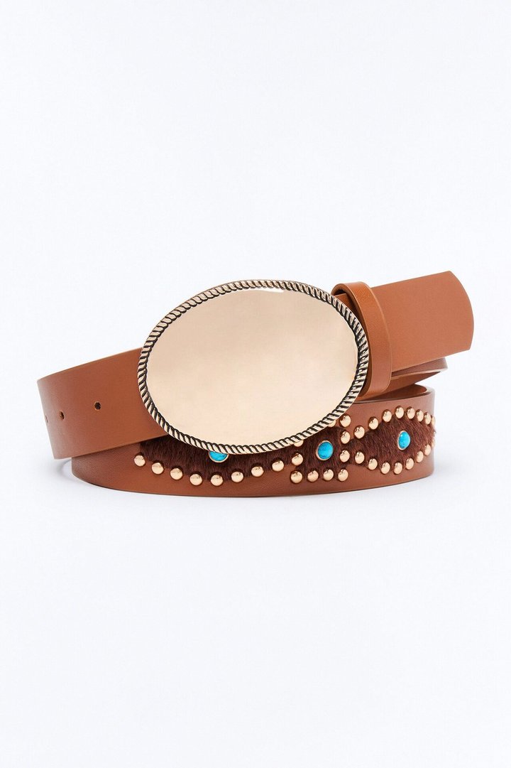 Western Hunt Stones And Studded Faux Leather Belt - Brown/combo