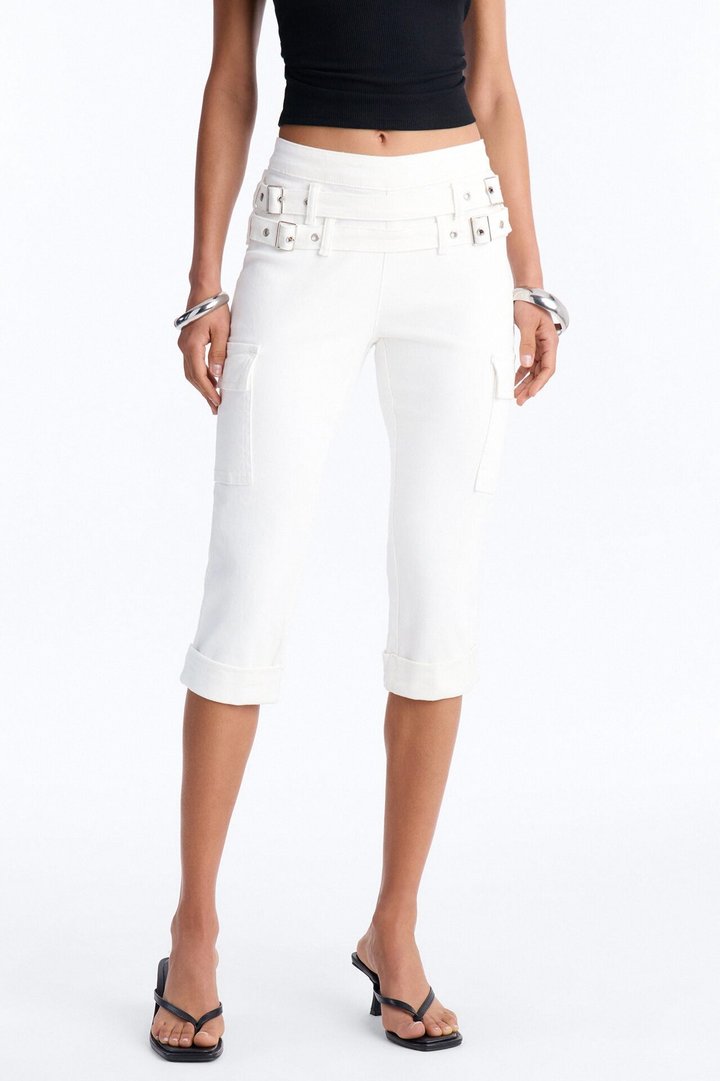 Lost Innocence Low Rise Belted Capri Jeans - White