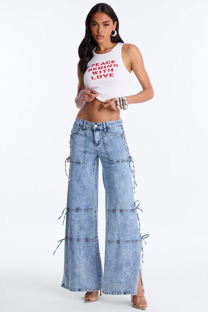 Pull Through Lace Up Stretch Tie Jeans - Medium Wash
