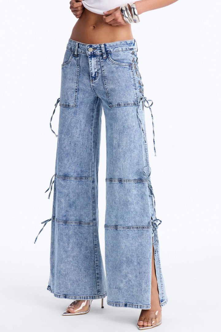 Pull Through Lace Up Stretch Tie Jeans - Medium Wash