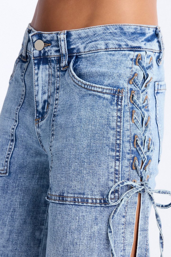 Pull Through Lace Up Stretch Tie Jeans - Medium Wash